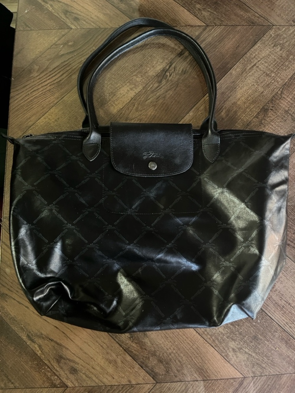 Longchamp Black Logo-Print Tote with Leather Trim